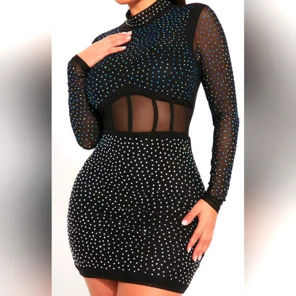 Black long sleeve mesh with shining diamonds all over size Medium - Picture 1 of 8